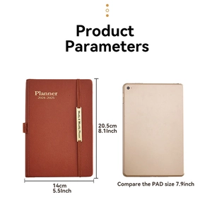 Size comparison of 2024-2025 brown faux leather planner next to a 7.9-inch tablet