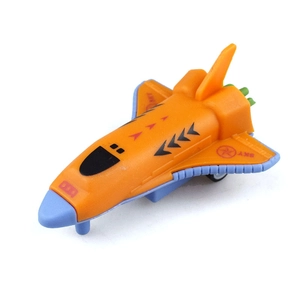 Detail view of the orange pull-back space shuttle toy with blue base and SKY logo graphics