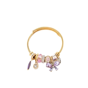 Gold stainless steel wire bracelet featuring purple crystal butterfly and beaded charms