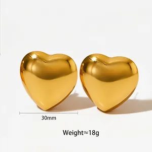 Polished gold heart stud earrings, 30mm minimalist stainless steel jewelry for women