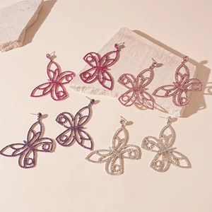 Elegant butterfly earrings with sparkling rhinestones in pink, purple, and silver colors