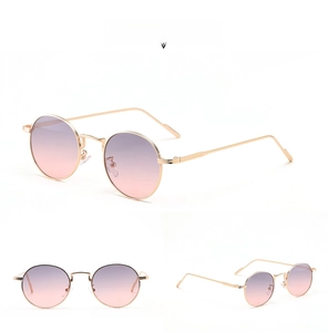 Detailed three-view shots of retro round metal sunglasses with grey-purple gradient lenses