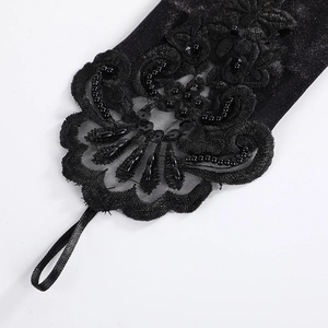 Elegant black lace bridal gloves with floral embroidery, beadwork, and fingerless design
