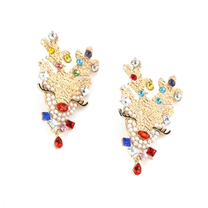 Golden Christmas reindeer earrings featuring colorful rhinestones and white pearls
