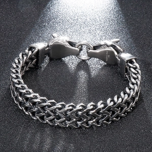 Gros plan détaillé du bracelet punk vintage en acier inoxydable à double tête de loup
