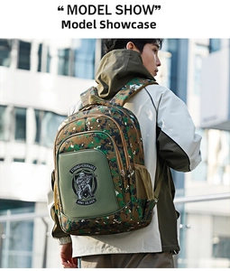 Outdoor model show of a digital camo tactical backpack with military patches and mesh pockets