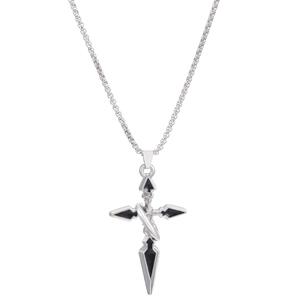 Hip hop silver cross pendant necklace with black enamel inlay and sleek box chain link
