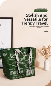 Detail of green woven shopping bag with modern life prints and large capacity design