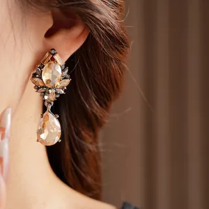 Vintage water drop earrings with champagne faceted crystals and black pavé diamonds