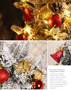 Detail of flocked PE mini Christmas tree with solid wood base and red ornaments set