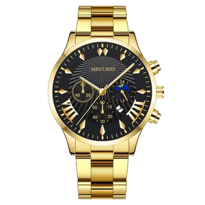 Men's fashion chronograph quartz watch with gold steel strap and black textured dial