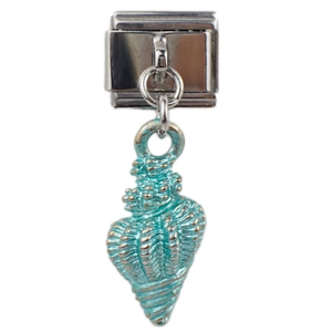 Macro view of a blue sea conch shell charm with a silver metallic modular bracelet clip