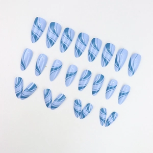 Blue marble press-on nails set with elegant swirl patterns and glossy finish 24pcs