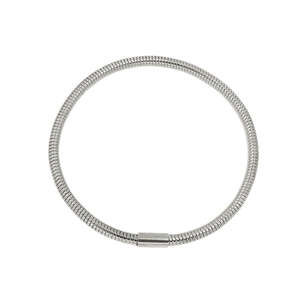 Detailed macro view of silver snake bone chain bracelet with cylindrical magnetic clasp