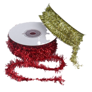 Red and gold Christmas metallic wire tinsel ribbons on rolls for festive DIY crafts