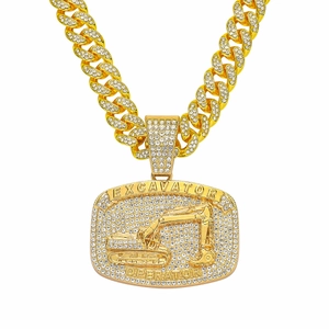 Alloy Rhinestone Excavator Operator Pendant Necklace Cuban Chain Hip Hop Streetwear Men Bling Accessory