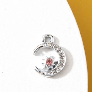 Silver moon and star charm with pink rhinestones for DIY jewelry making and bracelets