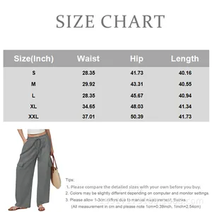 Size chart showing waist, hip, and length measurements for women's cotton linen pants
