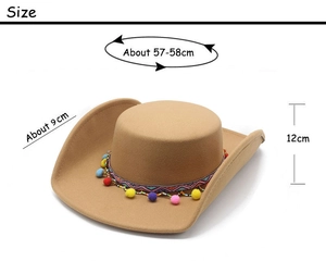 Detailed size specifications for khaki ethnic style fedora hat with dimensions and beaded band