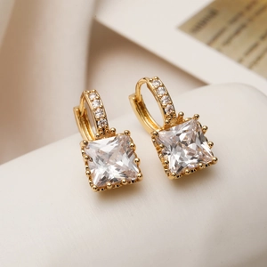 Square-cut zircon earrings in gold-plated copper with micro-pave accents for women