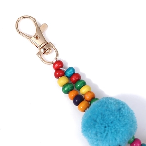 Dettaglio di perline in legno colorate con pompon blu e chiusura dorata per borsa