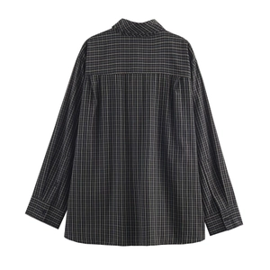 Back view of stylish long-sleeved plaid shirt in dark grey and black with cotton texture