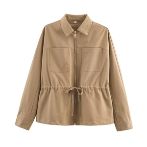 Khaki utilitarian two-piece set with adjustable drawstring waist jacket and casual pants