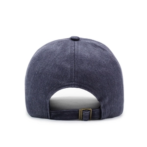 Back view of washed cotton baseball cap with adjustable bronze metal buckle strap