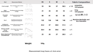 Tableau détaillé des tailles avec mesures et instructions de lavage pour cette veste femme