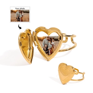 Customizable gold heart photo locket bracelet with stainless steel adjustable chain