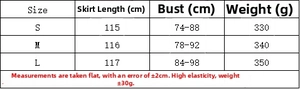 Detailed size chart for off-shoulder ruffled knit dress with length and chest measurements