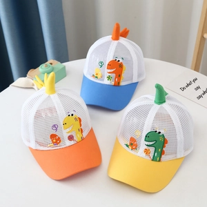 Breathable mesh kid baseball hat with cartoon dinosaur embroidery and soft 3D spikes detail