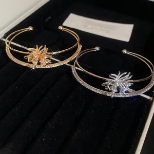 Elegant gold and silver fireworks bangles with zircon inlay in a black velvet jewelry box