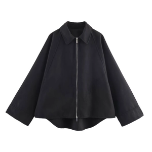 Vintage oversized black zip-up short jacket with wide sleeves and clean minimalist design