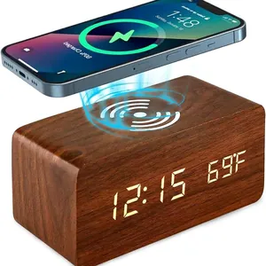 Wooden LED Digital Alarm Clock With Wireless Charging Temperature Display Sound Control Desk Bedside Table Decor