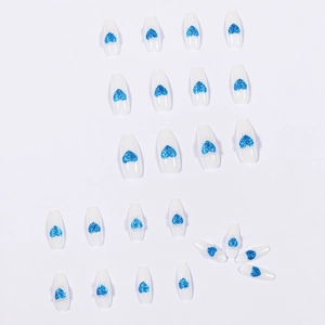 White coffin false nails set featuring blue glitter hearts with pearl accents 24pcs