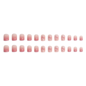 Press-on nails with pink blush gradient and white cloud patterns, short square shape