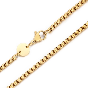 Collier chaîne box en acier inoxydable doré poli avec fermoir mousqueton et pendentif