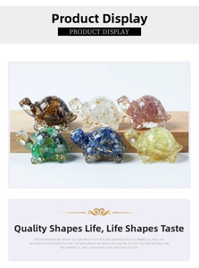 Detailed set of 6 turtle figurines made of clear resin and natural crystal stone chips