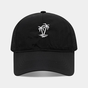 Lightweight breathable black outdoor baseball cap with white palm tree embroidery and mesh holes