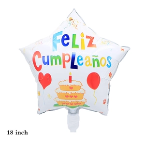 Detailed 18 inch star shaped foil balloon with FeLiz CuMPleaños birthday cake print