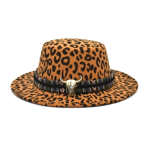 Flat top leopard print wool fedora with ethnic woven band and metal bull head accessory
