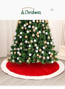Detail of red Christmas tree skirt with plush white faux fur trim on wooden floor