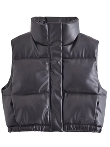 Damen Y2K minimalistische schwarze PU-Leder Weste mit hohem Stehkragen Design