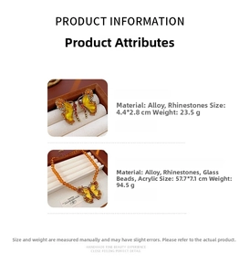 Detailed size chart for vintage butterfly necklace and earrings with crystal beads