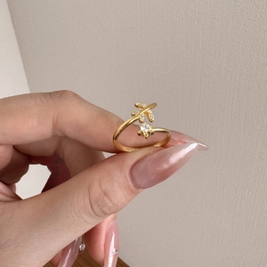S925 Sterling Silver Gold Ring with Airplane and Star Design Featuring White Zircon