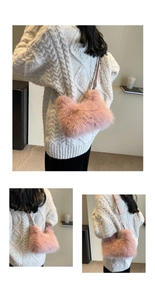 Detail of pink faux fur crossbody bag with soft plush texture and silver metal buckles