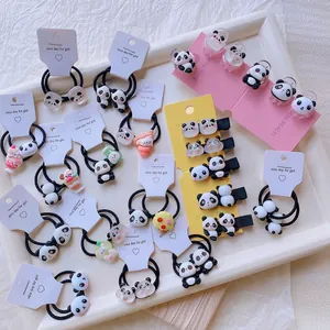 Süßes Panda Haarschmuck-Set mit Mini-Clips und elastischen Bändern für Mädchen Frisuren
