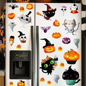 Halloween wall decals set with watercolor pumpkins, ghosts, and black cats on white surface