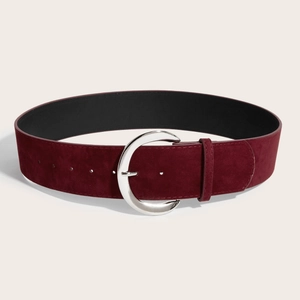 Ceinture large rétro en daim bordeaux pour femme avec boucle demi-lune en argent poli